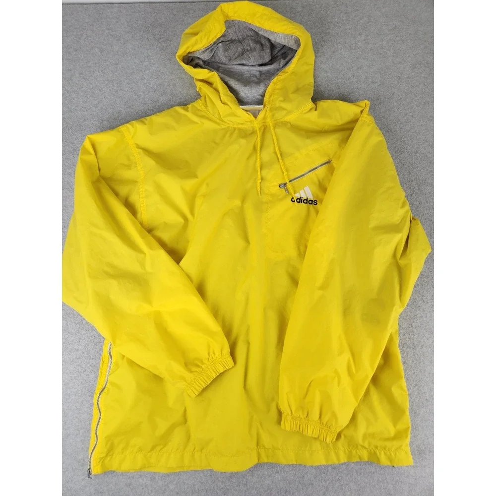 VTG Adidas Mens Windbreaker Jacket Yellow Black stripe Cotton Lined Hoodie LARGE